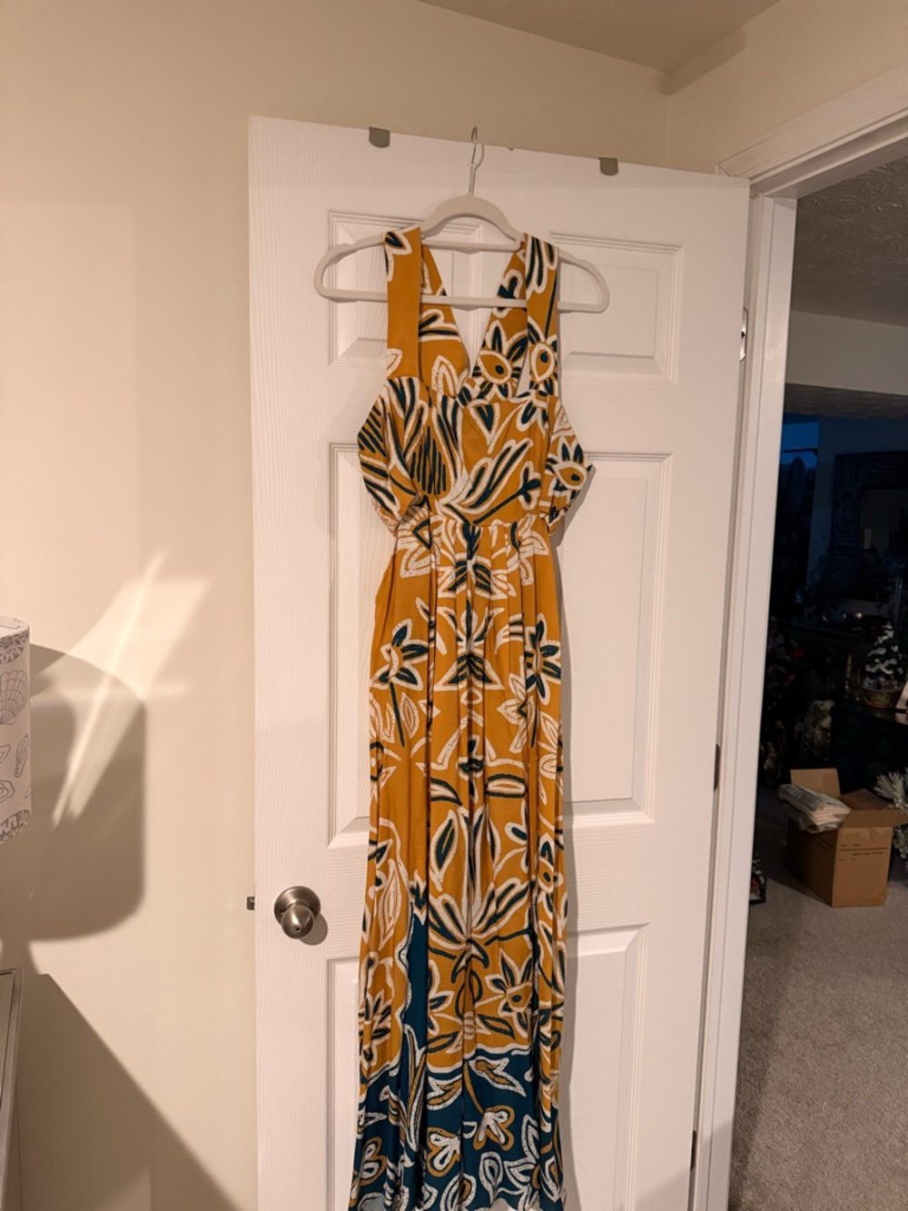 Anthropology Cleobella Mustard Floral Maxi Dress with Navy Accents cut out